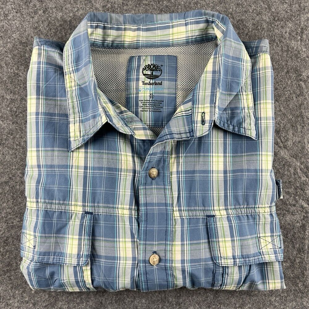 Timberland Turbo Dry Mens Long Sleeve Plaid Fishing Button Up Shirt Blue Size XL